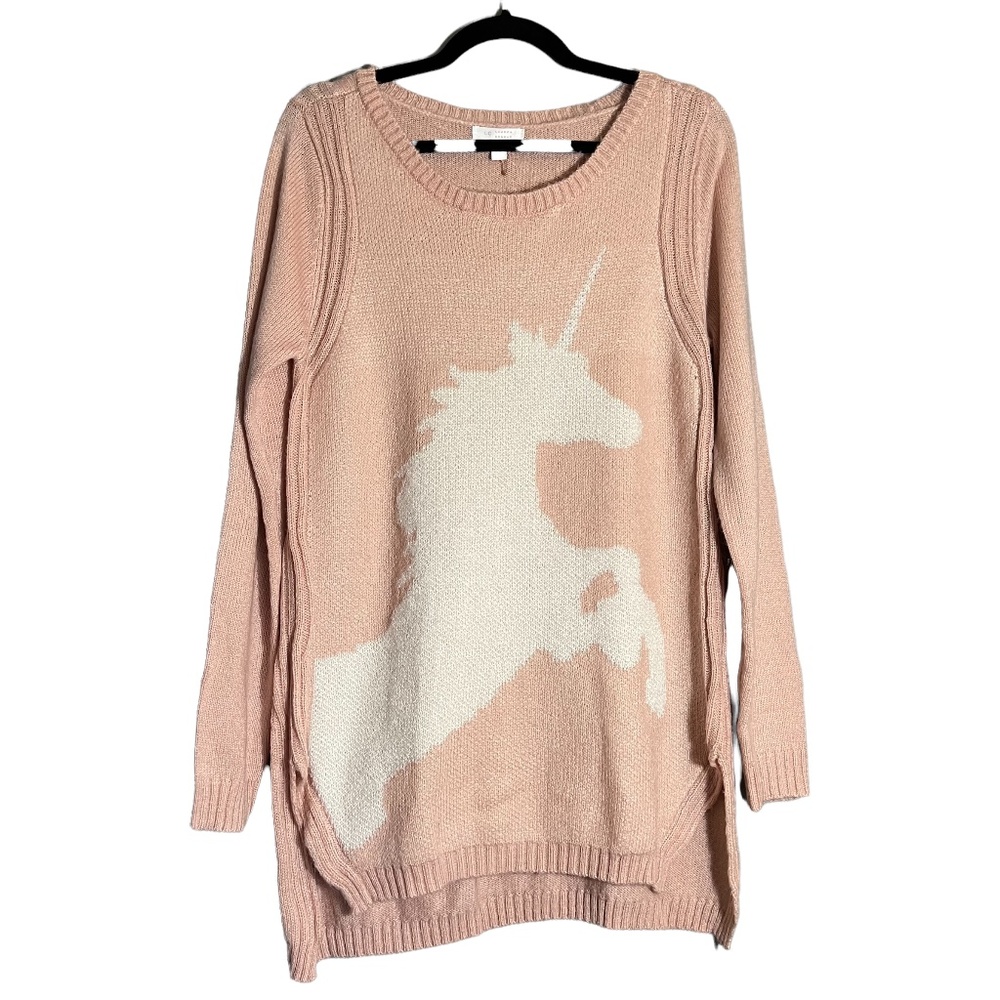 Lauren Conrad Light Pink Unicorn Crew Neck Sweater w/ Shoulder Straps - Medium